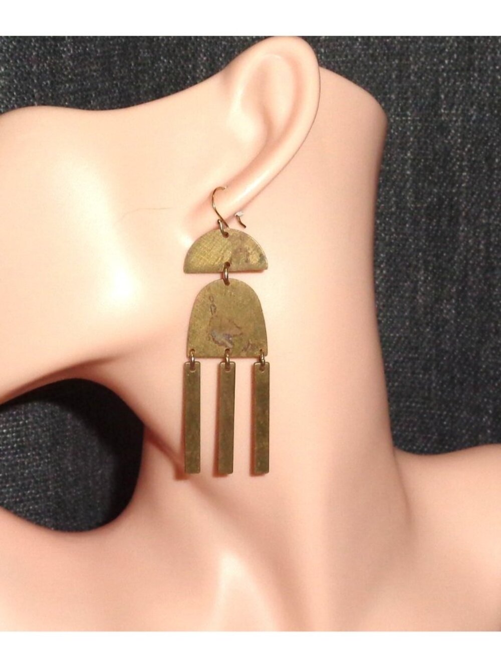 Gold Tone Brass Chime Chandelier Fringe Tassel Drop Dangle Earrings Boho Patina